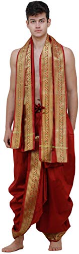 Exotic India Ready to Wear Dhoti and Angavastram Set with Meenakari Woven Golden Border - Color Jester Red