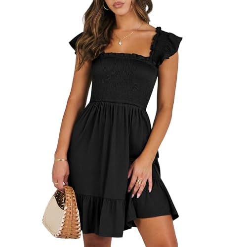 ANRABESS Women’s Summer Casual Sleeveless Square Neck Dress 2025 Smocked Ruffle Backless Boho Beach Cute Teen Short Sundress