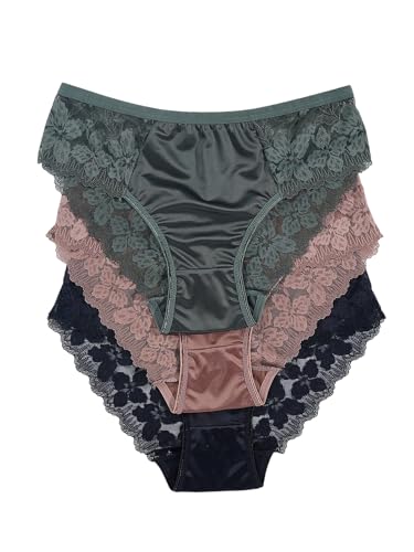 SHENHE Women's 3 Pack Lace Sheer Satin Underwear Silky Smooth Briefs Panties Set Multicolor Large