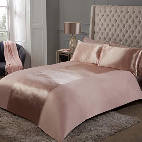 Sleepdown Parure de lit de Luxe en Satin avec Housse de Couette et taies d'oreiller-Super King Size (220 x 260 cm) -Rayures Champagne, Polyester