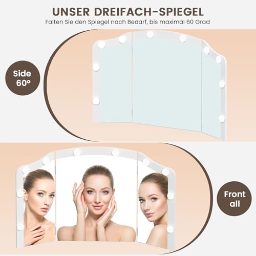 FIONESO Schminktisch mit 3 klappbaren Spiegeln, Schminktisch mit 10 LED-Leuchten und Steckdosen… – Ansicht 3