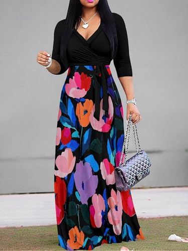 Image of PinkPatty Plus Size Dresses for Curvy Women V Neck Flowy Long Sleeves Wrap Maxi Dress Travel Vacation Outfits