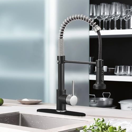 Hoimpro Matte Black&Brushed Nickel Spring Kitchen Faucet with Pull Down Sprayer, Rv Kitchen Sink Faucet with Pull Out Sprayer - Thumbnail 6