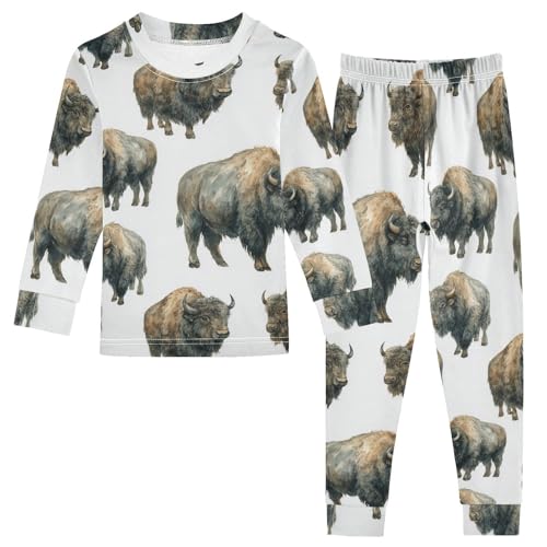 Pajama Sets Long Sleeve Bison Pattern Print on White Soft Comfy Sleepwear 2 Piece PJS 3-8T