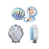 Mermaid Detangling Brush Set - Cute Shell Hair Brush with Small Foldable Magnifying Makeup Mirror,...