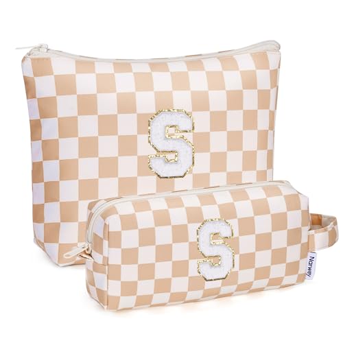 Narwey Checkered 2 Piece Personalized Initial Makeup Bag Cosmetic Bags, 6 8 10 11 12 13 14 16 18 Years Old Birthday Gifts for Women Teen Girl Gifts Trendy Stuff, Travel Toiletry Bag (Brown Letter S)