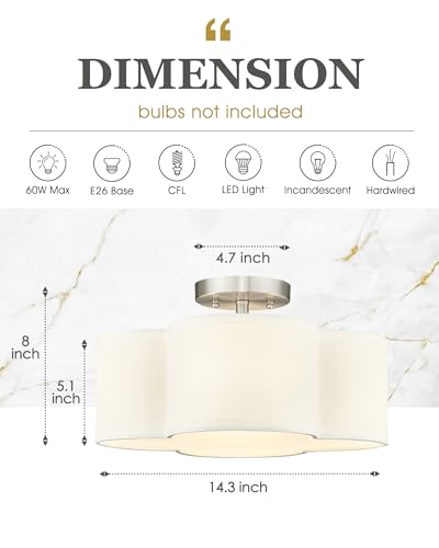Image of Semi Flush Mount 4-Light 14Inch Ceiling Lights with Fabric Shade in Quatrefoil Shape, Brushed Nickel for Nursery, Hallway, Bedroom, Kitchen - AD-22007-4SF-SN