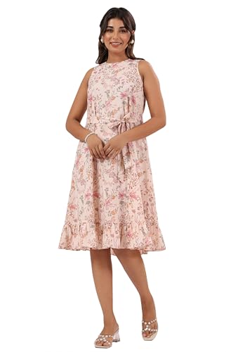 Image of Janasya Women's Peach Pure Cotton Floral Printed A-line Dress