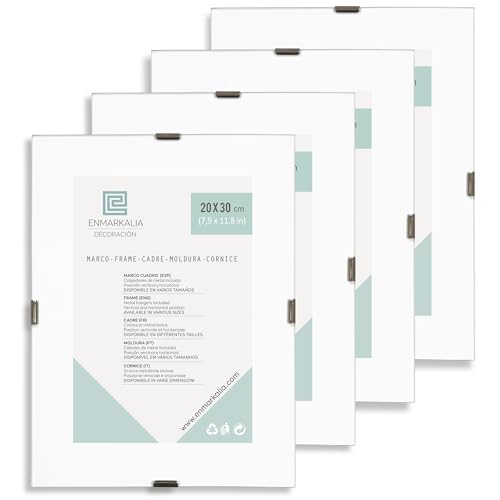 PACK X4 20x30 cm Marco Clip de cristal - portafoto sin marco - soporte para fotos, diplomas y certificados - cristal con cantos pulidos - incluye peana para ponerlo de pie y colgadores de pared