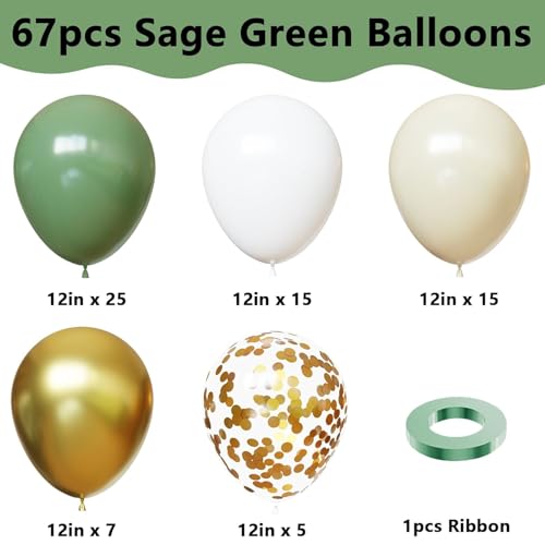 Image of Sage Green Balloons, 67pcs 12 Inch Sage Green White and Gold Confetti Party Balloons for Baby Shower, Birthday, Graduation, Eucalyptus Party Decorations