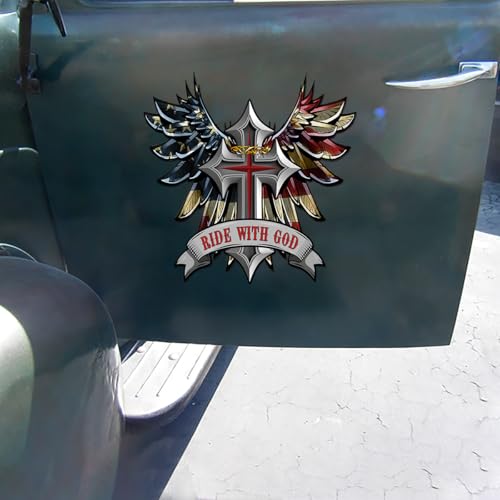 Image of Premium Ride with God Wings and Cross Helmet Sticker Decal - Motorcycle Tank, Tool Box, Bumper Vinyl for Car, Truck - Weatherproof, Durable Christian Faith Vinyl Decal (9 x 9 inches)