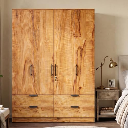Image of FFO Kaveris 4 Door Wooden Wardrobe for Bedroom, Large Clothes Storage Cabinet with Hanging Space, Shelves, Drawer & Lock, Modern Wood Finish Almirah for Home, Bedroom & Living Room DIY.