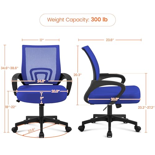 Image of Yaheetech Mid-Back Mesh Office Chair Adjustable Ergonomic Computer Task Chair Swivel Rolling with Lumbar Support Armrest for Home Office Work Study, Blue
