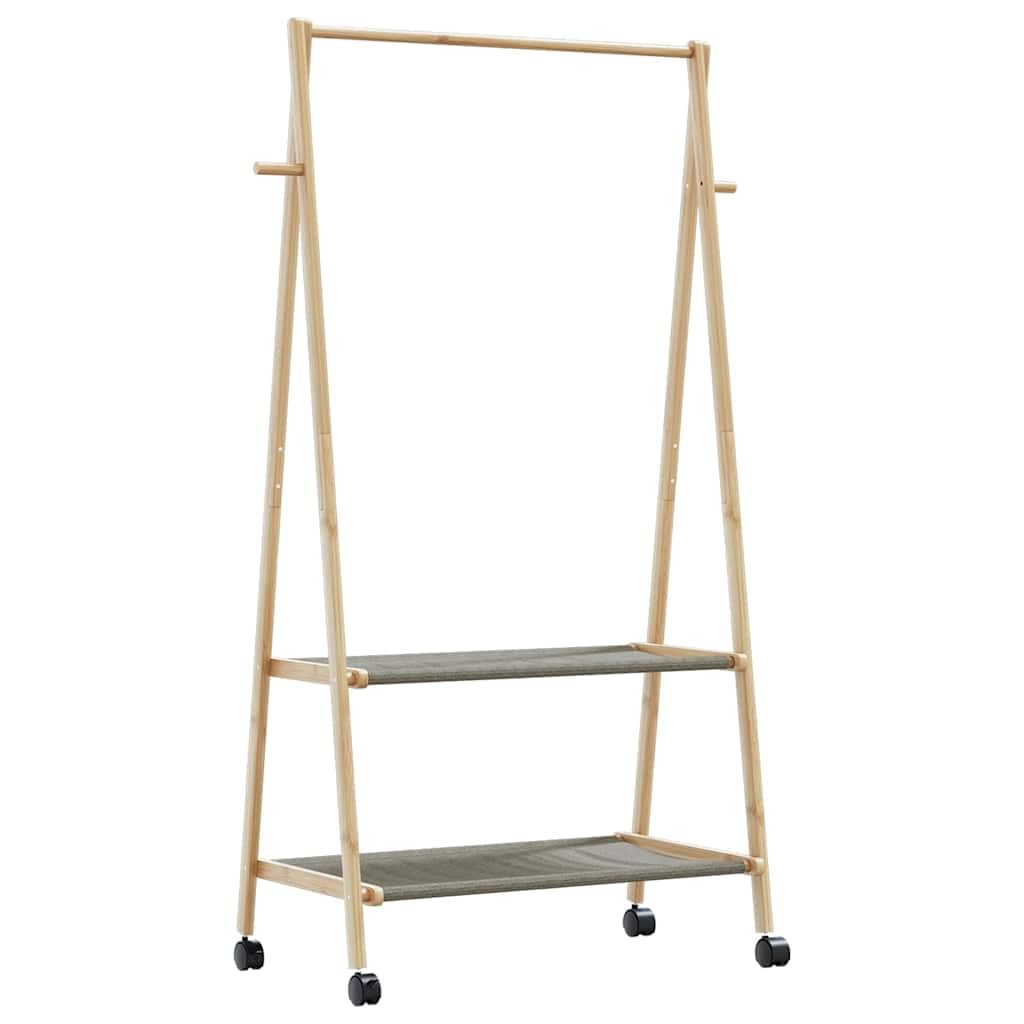 Kleiderständer aus Bambus mit Ablagen und Rollen 96x45,5x155,5 cm, klappbar und rollbar, Garderobenständer mit Kleiderstange, Ablageflächen