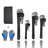 180° | 4-Piece Heavy Duty Pipe Wrench Set With Work Gloves| Malleable Cast Plastic Handle, Exceed GGG standard| Heat Treated Adjustable 8',10',12',14' |Soft Grip Plumbing Wrench Set with Storage Bag