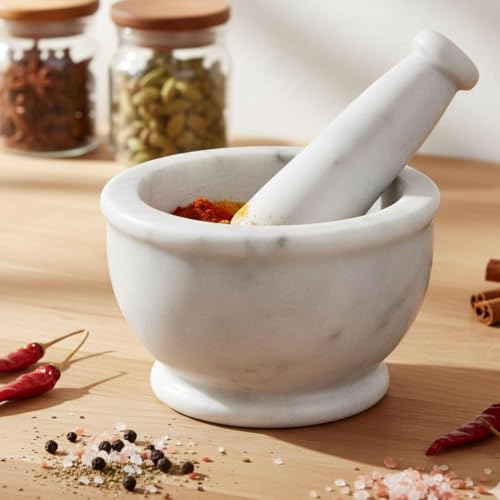 Image of BR & Sons Marble Mortar and Pestle | White 5 Inches | Imam Dasta, Kundi, Kharal, Okhli, Khalbatta