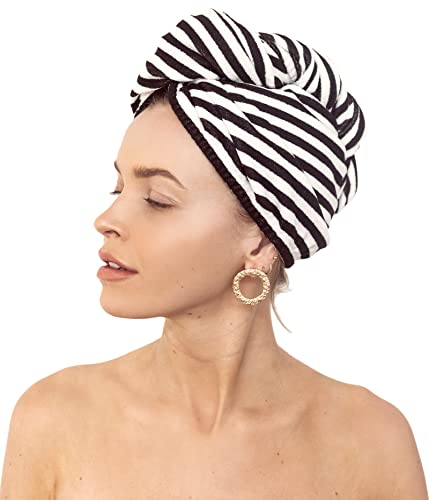 Louvelle Stylish Riva Luxury Hair Towel Wrap Turban Style Reusable, Anti Frizz, Super Absorbent for All Hair Typesi (Monochrome Stripe)