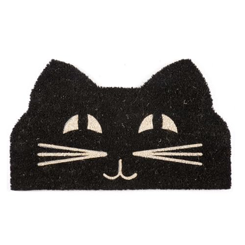 Entryways Paillasson antidérapant en Fibre de Coco avec tête de Chat, Noir/Blanc, 80 x 150 cm