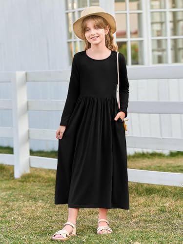 Haloumoning Girls Maxi Dress Long Sleeve Casual Holiday Dress with Pockets for 5-14 Years2