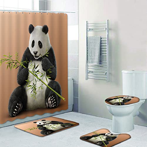 Duschvorhang Tierpanda Badezimmerteppich 4-Teiliges Set, Duschvorhang 180x180 Polyester+Badematte rutschfeste(50x80)+U…