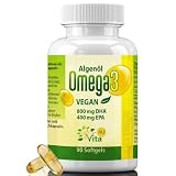 Veganes Omega 3 Algenöl 2000mg, 800mg DHA + 400mg EPA pro Tag, 90 Softgels