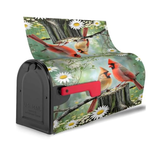 Image of Spring Flowers and Birds Mailbox Cover Magnetic Cardinals and Daisy Floral Waterproof Mailbox Wraps Post Letter Box Decor 25.5x21 in