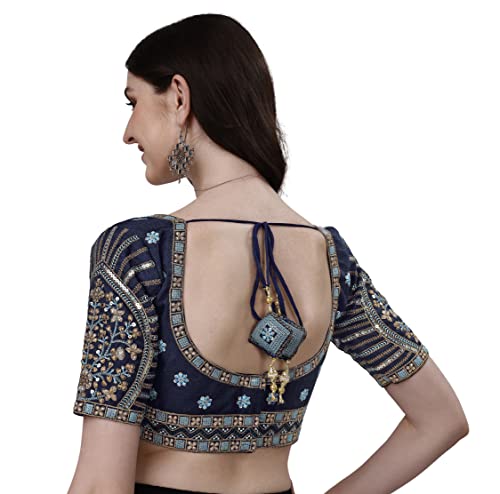 Image of Pujia Mills Mills Women's Fancy Readymade Heavy Coding Embroidary Worked Half Sleeve Multicolor Saree Blouse(Mushroom)