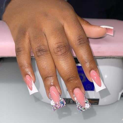 Image of Diamond Press on Nails White French Tip Fake Nails Medium Square False Nails Flower Glue on Nails Reusable Artificial Acrylic Full Cover Stick on Nails Spring Summer Nails Decoration 24Pcs