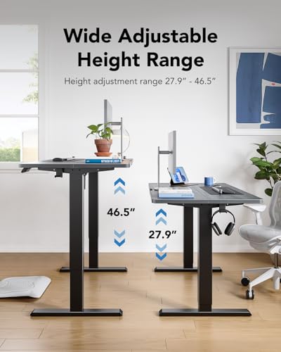 HUANUO 55" x 28" Electric Standing Desk Adjustable Height, 4 Memory Height Settings, Headphone Hook, Cable Manager, Sit Stand Up Desk for Home Office & Computer Workstation, Grey