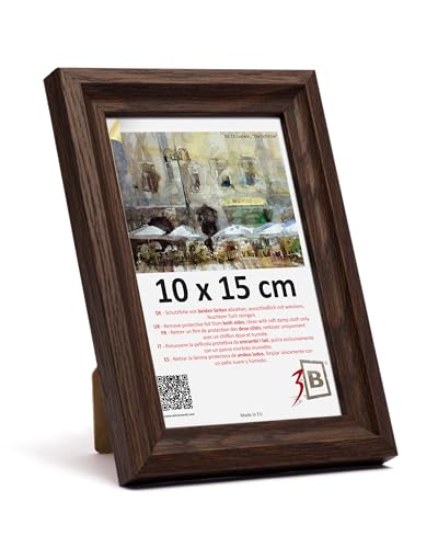 3-B MORI Marco de fotos - Marrón oscuro (nogal con grano de madera óptico) - 10 x 15 cm - Marco de madera - Marco de fotos - Marco vertical con cristal acrílico