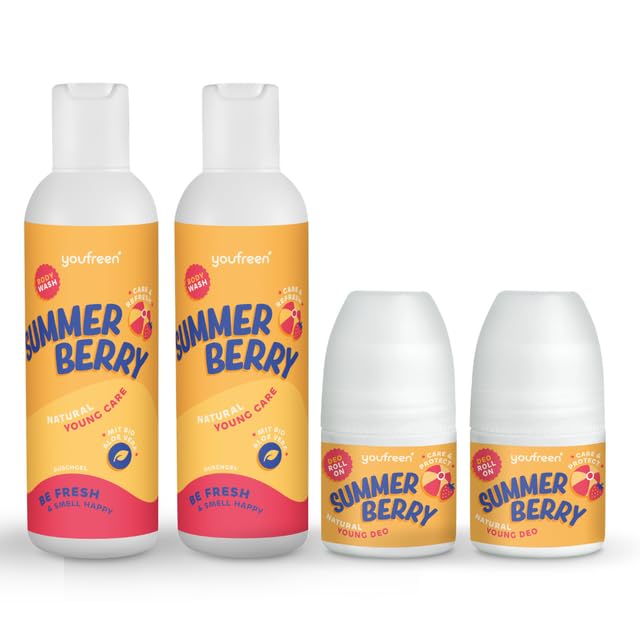 youfreen Happy-Routine-Set: Duschgel (2x200ml) und Deodorant (2x50ml) für Kinder & Teens/Deo für Kinder/Bio-Aloe-Vera/Deoroller (summer berry)