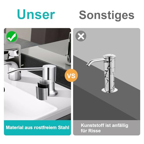 HUAERSICO Spülmittelspender Küche Einbau,Seifenspender Einbau mit Edelstahlpumpe und 1,0 m Verlängerungsschlauch für Küchenspüle und Waschbecken,Silber