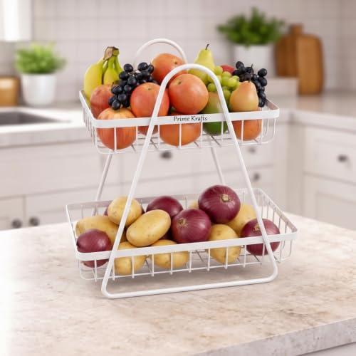 Image of 2 Tier Metal Fruit and Vegetables Basket with Handle | Fruit Vegetables Snacks and Bread Organizer for Kitchen, Dining Table, Livingroom | Bathroom Countertop Stand (Design 1 - White)