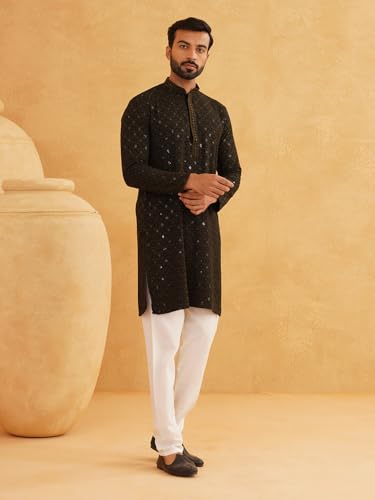 Image of SOJANYA Men's Coffee Brown Cotton Blend Kurta with Intricate Embroidery & Subtle Sequin Work