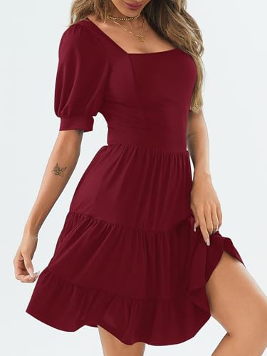 Image of Women's Square Neck A-Line Summer Dress Puff Sleeve Flared Swing High Waist Smocked Flowy Midi Casual Dress for Office /Party Burgundy