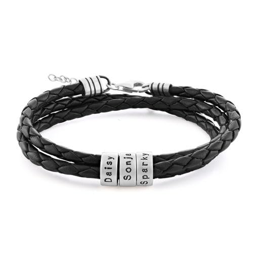 MYKA - Personalized Braided Black or Brown Leather Adjustable Bracelet with Engraved Beads for Women, Her, Mom, Girlfriend - 925 Sterling Silver, 18K Gold Plating, Vermeil - Dainty Custom Gift For Mother's Day, Christmas, Xmas, Birthday
