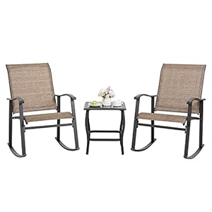 Shintenchi 3 Piece Rocking Bistro Set, Outdoor Furniture with Rocker Chairs and Glass Coffee Table Set of 3, Balcony, Porch Furniture for Small Space, Brown