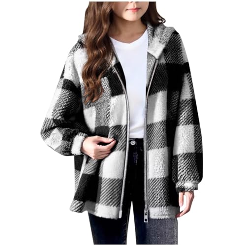 Girls Fleece Jacket Casual Loose Fuzzy Flannel Jacket with Hood Full Zip Lightweight Plaid Plush Winter Coats Kids