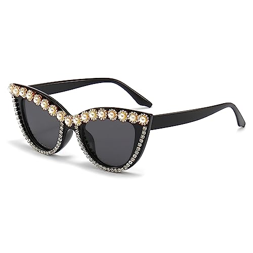 Image of LJCZKA Diamond Cat Eye Sunglasses Women Retro Jeweled Rhinestone Sun Glasses Sparkle Crystal Pearl Luxury Bling Eyewear