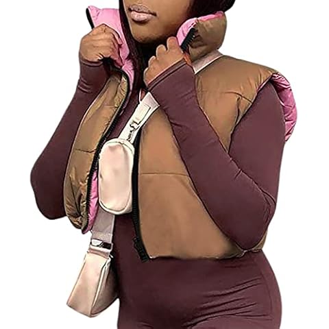 SHIBAOZI Women Cropped Puffer Vest Jackets Casual Zip-up Sleeveless Winter Warm Down Coat (Brown Pink, Small) Cover
