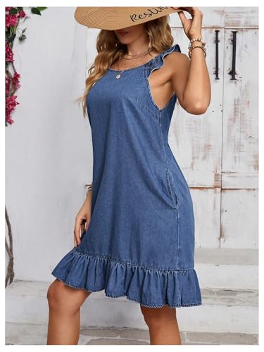 Image of Floerns Women's Ruffle Trim Sleeveless Tank Denim Dress Vacation Scoop Neck Jean Dresses