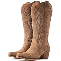 IUV Cowboy Boots For Women Western Cowgirl Boots with Chunky Heel Mid Calf Snip Toe Ideal for low insteps