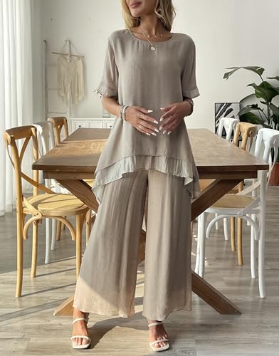 Women's 2 Piece Outfits Flowy Ruffle Tops Palazzo Pants Suits Elegant Casual Dressy Two Piece Linen Sets4