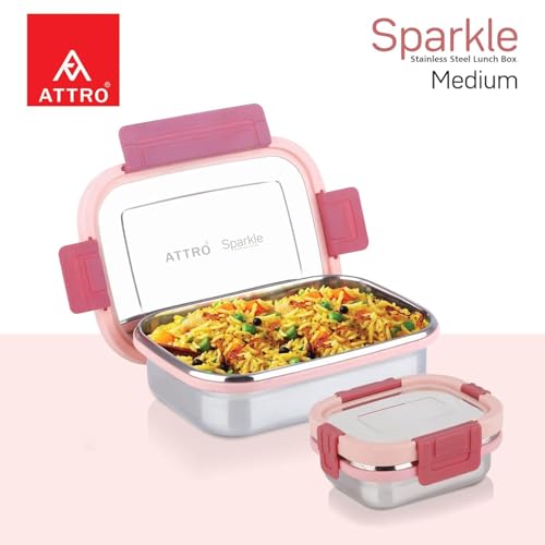 Image of ATTRO Sparkle Medium Stainless Steel Lunch Box 2-Piece Set - 800ml + 150ml - Leak-Proof, BPA-Free, Compact & Durable - Ideal for Kids, Office, Travel - Peach