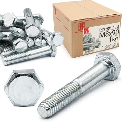 Vite testa esagonale M8x90 DIN 931 Filettatura parziale-FK 8.8-zincato acciaio resistente, bulloni m8 per fissaggi, viti per montaggio tecnica robusta 25 pezzi per officina e lavori Lun Fix
