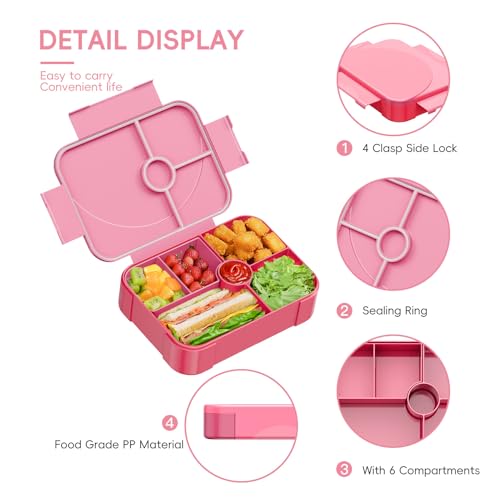 Winproper Lunch Box Kids Bento Box, Leakproof Bento Lunch Box with 6 Compartments, BPA-Free Men Women Lunch Containers for Adults/Kids/Students, 40 oz Portable On-the-Go Meal and Snack Packing - Pink - Image 6