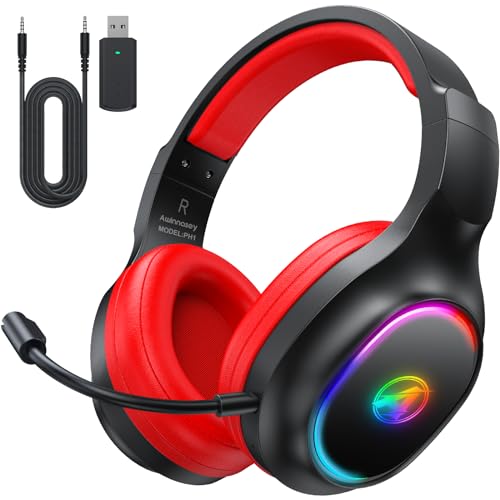 PH1 2.4GHz Wireless Gaming Headset for PS5, PS4, PC, Switch, Bluetooth Gaming Headset with 3.5mm Jack, Wireless Gaming Headphones with Microphone, LED, 7.1 Stereo Sound, Low Latency, Black Red, PRO