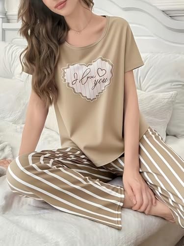 Image of Women's 2-Piece Pajama Set - Short Sleeve Top & Pants Lounge Set, Soft Breathable Sleepwear Night Suit for Women