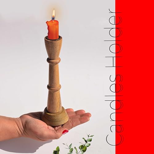 Image of Pure Source India Wooden Candle Holder for Taper Candles, Natural Mango Wood Vintage Style 20cm Tall Candle Stand for Fireplace Dining Table Centrepiece, Decorative Item for Home