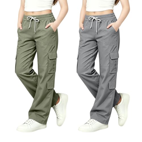 2Pcs Girls Cargo Pants Y2K Parachute Hiking Track Sweatpants With Pockets